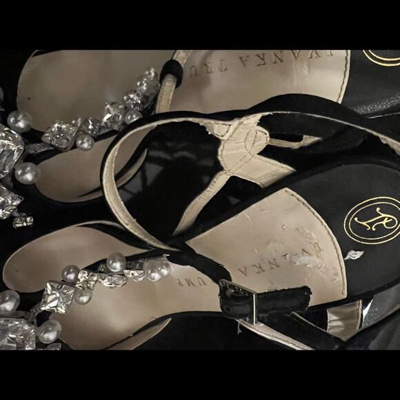 Ivanka Trump Black Alluvia Satin Jeweled Evening Sandals Sz 8 - Picture 13 of 14